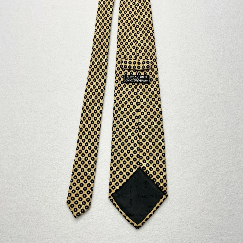 Stefano Ricci Gold Pure Silk Luxury Tie w Black‎ Circles Made in Italy